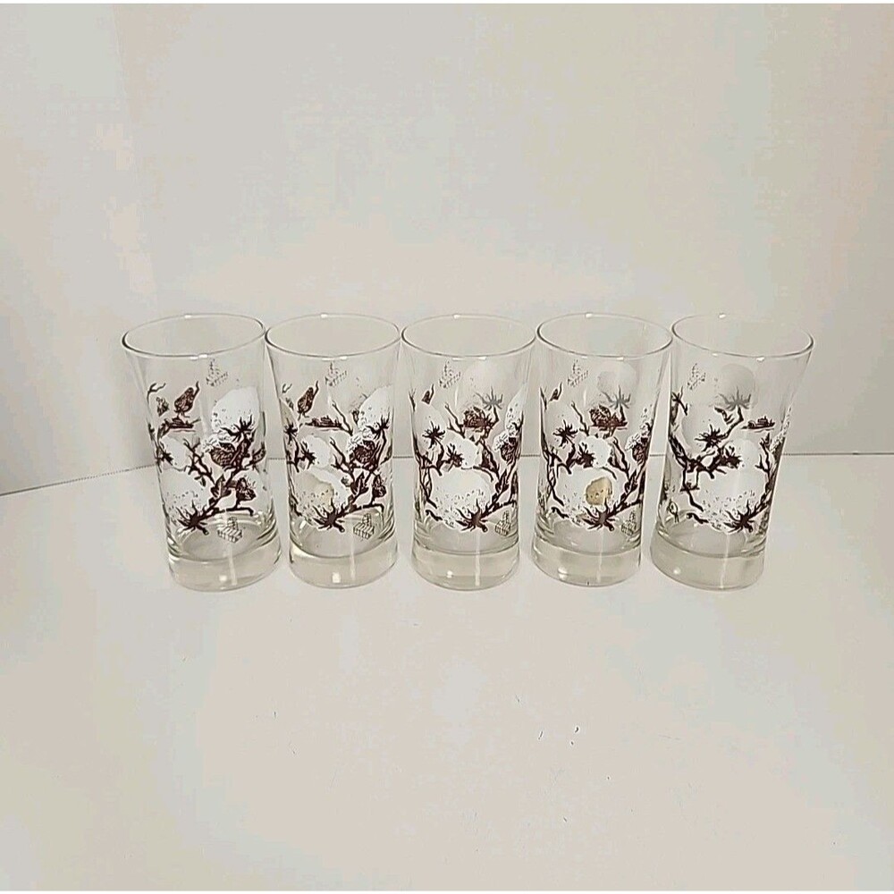 Cotton Boll Pattern Glasses Set of 5 Vintage Anchor Hocking Heavy Base MCM Rare